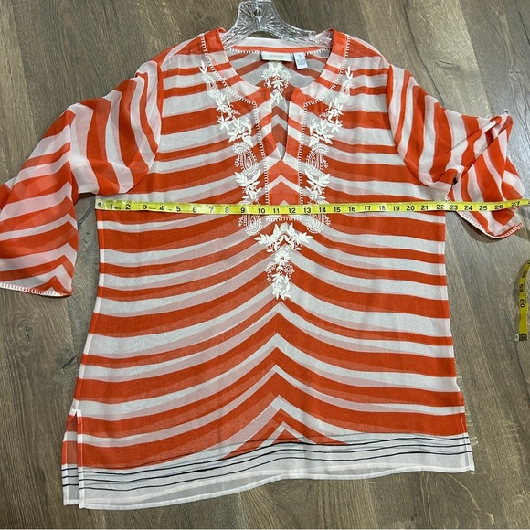 Chico’s large (2), orange/peachy, white embroidery, and black stripes at edge - Picture 7 of 7
